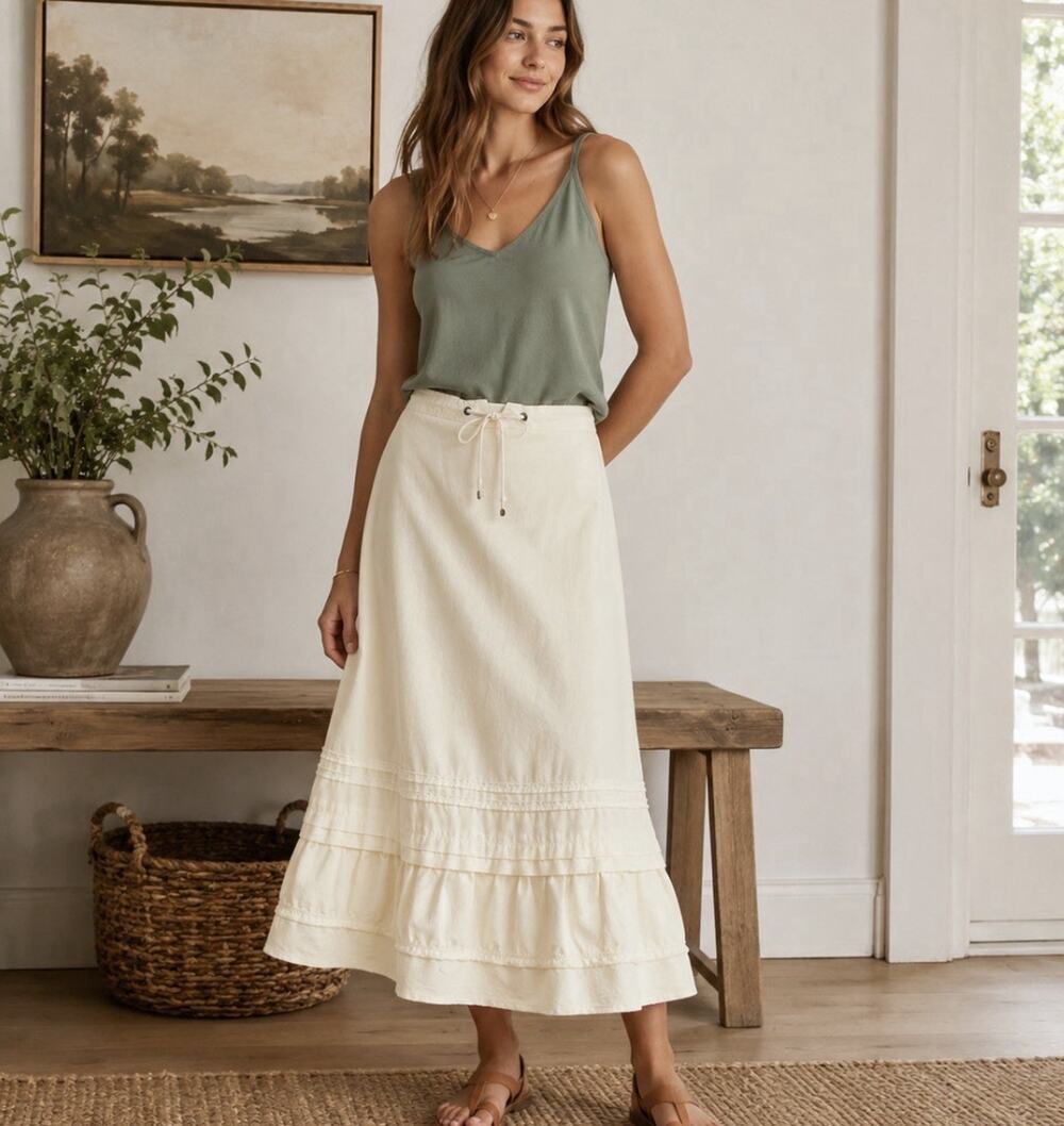 J. Crew Cream Midi Skirt with Tiered Hem